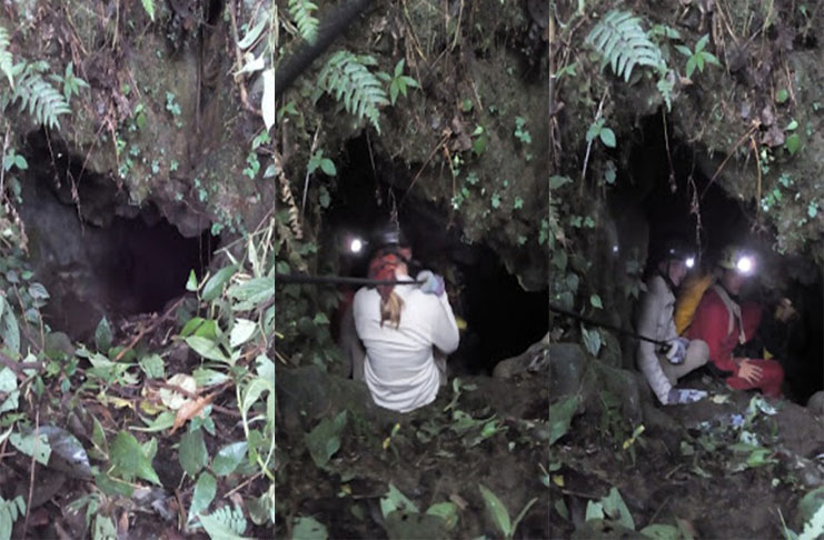 En el Pico San Juan se localizan las dos cavernas más altas de la región centro occidental de Cuba. En la combinación gráfica, entrada de la gruta y miembros de la expedición espirituana durante los aprestos para la exploración del sitio. /Fotos: Alejandro Romero