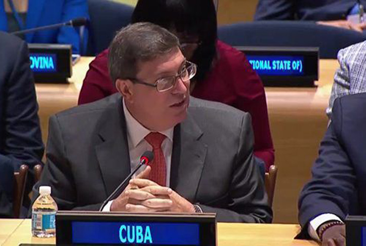 Canciller cubano Bruno Rodríguez Parilla interviene en el evento de Naciones Unidas convocado en solidaridad con países afectados por el huracán Irma. /Foto: @CubaMINREX / Twitter