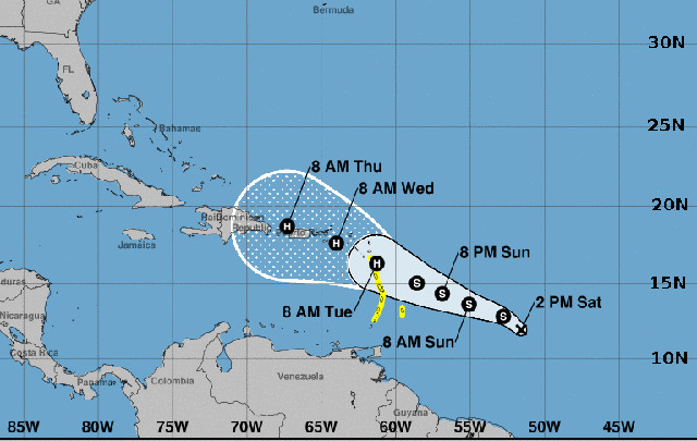 A las dos de esta tarde la depresión tropical No. 15, que podría escalar a huracán en los próximos días, se hallaba en los 11,9º N - 51.6º W convertida en un potencial peligro para el arco central y la porción septentrional de las Antillas Menores, azotadas por “Irma” hace apenas una semana y días. /Mapa: noaa.gov