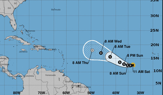 La tormenta tropical Lee sitúa a unos 1055 kilómetros al oeste suroeste de las Islas de Cabo Verde. Se mueve al oeste a unos 19 kilómetros por hora. /Mapa: noaa.gov