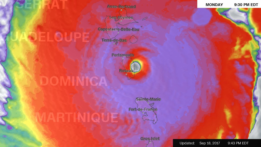 Alrededor de las 9:30 de la noche del lunes, hora de Cuba, el ojo del huracán Irma tocó tierra por vez primera en Dominica, /Imagen: CNNweather