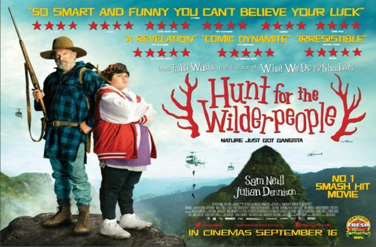 Cartel promocional de la comedia neozelandesa Hunt for the Wilderpeople, que se proyecta en el circuito nacional de estrenos.