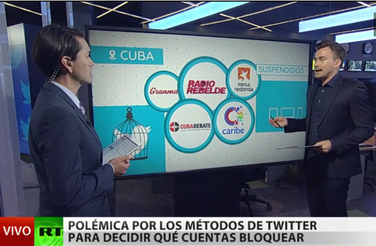 La Unión de Periodistas de Cuba (UPEC) calificó la prohibición de Twitter como un "acto de censura masiva", tema tratado en varios medios internacionales. /Foto: Captura actualidad.rt.com