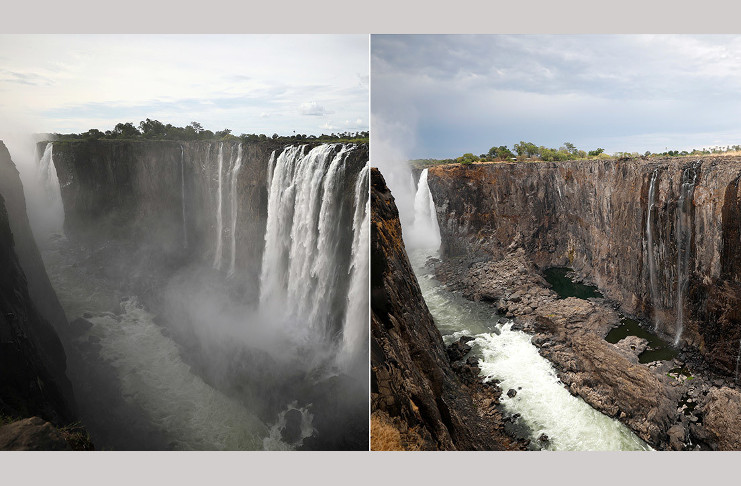 Las cataratas Victoria en la frontera entre Zambia y Zimbabue el 17 de enero de 2019 (a la izquierda) y el 4 de diciembre de 2019. /Fotos: Reuters