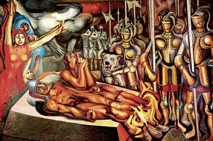 "El Tormento de Cuauhtémoc", (1951), obra del muralista mexicano David Alfaro Siqueiros expuesta en el Palacio de Bellas Artes de la Ciudad de México, recoge uno de los pasajes de la barbarie de la conquista en estas tierras del Nuevo Mundo.