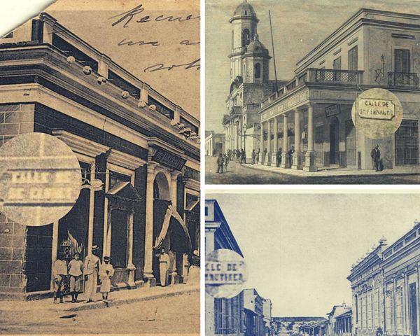 Rótulos de las calles De Clouet, Hourruitiner y San Fernando en la segunda mitad del siglo XIX. / Fotos: Cortesía de la OCCC. Diseño: Gabriela Roig Rosell