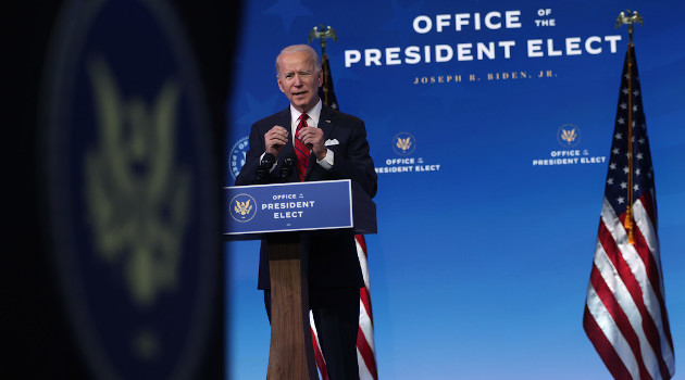 El presidente electo Joe Biden durante un discurso en Wilmington, Delaware, EE.UU., el 15 de enero de 2021. /Foto: Alex Wong / AFP