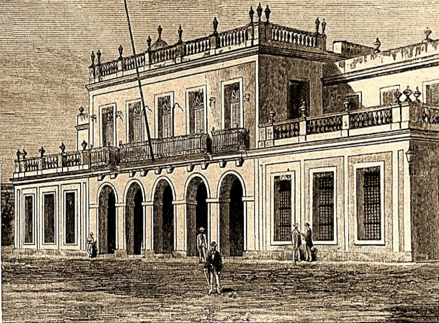 Grabado de la Aduana de Cienfuegos, diseñada en 1842 por los arquitectos Samuel Samulabe y Francisco Carré. 