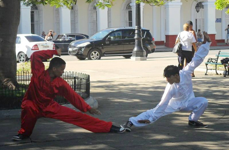 Jóvenes y adultos mayores coincidieron hoy en Cienfuegos durante una demostración del dominio de las técnicas del wushu y del tai shi shuan. /Foto: Darilys