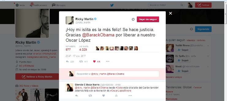 Este fue el tweet the Ricky Martin en su cuenta oficial de twitter cuando supo la noticia.