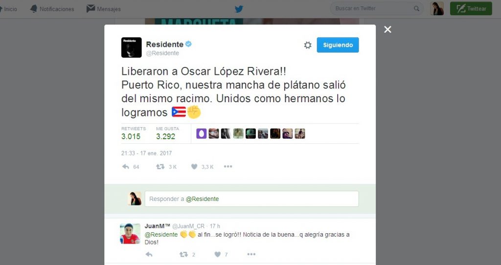 Este fue el tweet de René Pérez (Residente, Calle 13) al conocer la noticia de la conmutación de la sentencia.