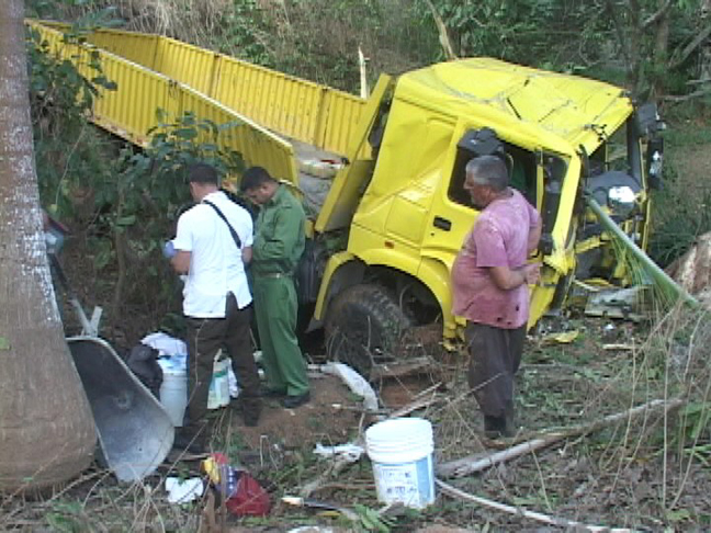 Después de colisionar con el remolque de un tractor, el camión de la Empresa Agroindustrial Eladio Machín, se despeñó hacia la cuneta. /Foto: Guillermo Martínez López