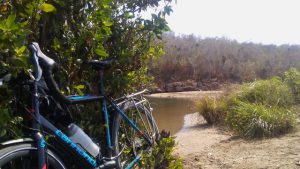 Luego de haber pedaleado unos veinte kilómetros, Thore escogió leer en un remoto paraje: la desembocadura del río Arimao. /Foto: de la autora
