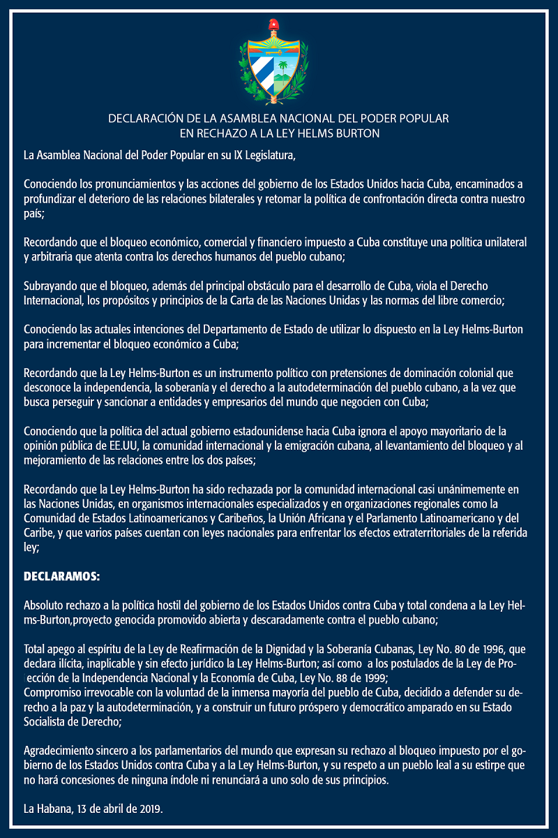 Declaración de la Asamblea Nacional del Poder Popular en rechazo a la Ley Helms Burton. /Foto: @PresidenciaCuba