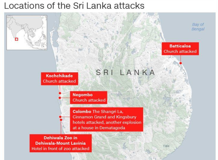 Localización de los sitios atacados este domingo en Sri Lanka.