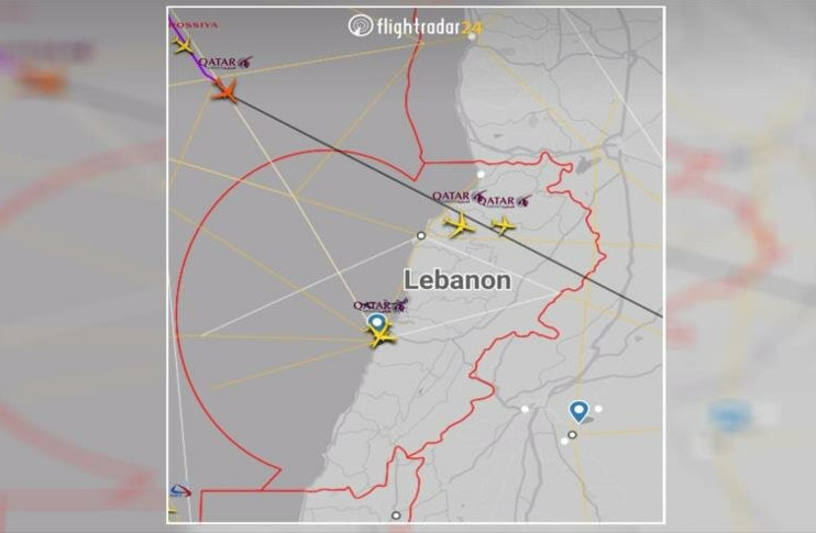 Una imagen de radar del sitio de monitoreo aéreo muestra cómo cazas israelíes pretenden usar aviones de pasajeros de Catar como escudos ante la Fuerza Aérea de Siria. /Foto: IntelSky