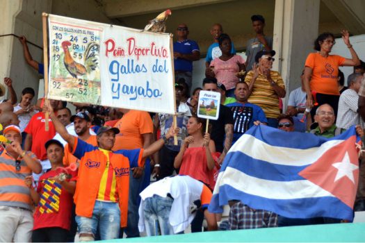 Aficionados espirituanos apoyan a su equipo, durante el último partido del play off final de la VI Serie Nacional de Béisbol categoría Sub 23, frente a los Elefantes, en el Estadio 5 de Septiembre de la ciudad de Cienfuegos, Cuba, el 14 de junio de 2019. ACN FOTO/ Modesto GUTIÉRREZ CABO/