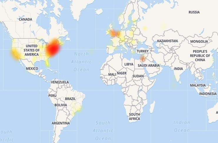 Mapa de la caída de Google. / Downdetector.com