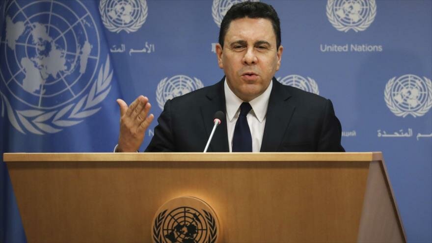 El embajador de Venezuela ante la ONU, Samuel Moncada, habla en una conferencia de prensa. /Foto: HispanTV