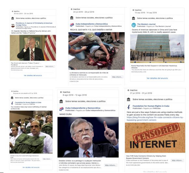 Algunos de estos anuncios son “fake news”, como afirmar categóricamente que diplomáticos de EEUU fueron blanco de “ataques sónicos” en Cuba. Otros, recurren a la violencia simbólica con imágenes que atentan contra la dignidad del usuario, supuestamente prohibido por las políticas de Facebook. La mayoría es propaganda tóxica contra Cuba.