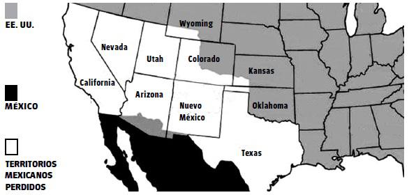 Cuando concluyó la guerra en 1848 Estados Unidos se había hecho con el botín de guerra perseguido: todo el gran norte mexicano, poco más de dos millones de kilómetros cuadrados de una notable riqueza en recursos naturales. /Mapa: Granma