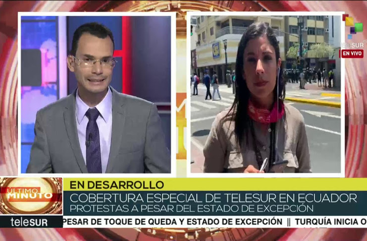 La señal televisiva de TeleSUR mantuvo una cobertura especial de los sucesos en Ecuador mientras los medios televisivos nacionales y foráneos le escamoteaban la verdad al pueblo y al mundo. /Foto: Captura TeleSUR