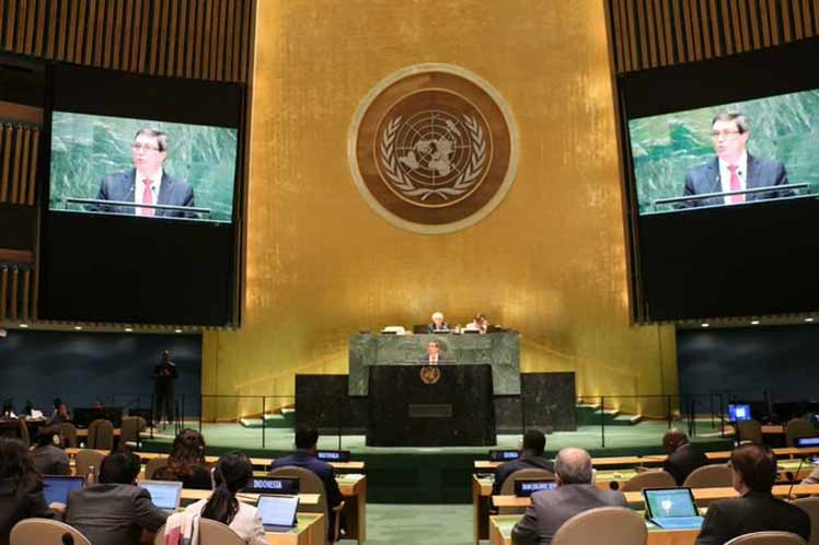 Intervención del canciller cubano Bruno Rodríguez ante la Asamblea General de Naciones Unidas este 7 de noviembre. /Foto: Prensa Latina