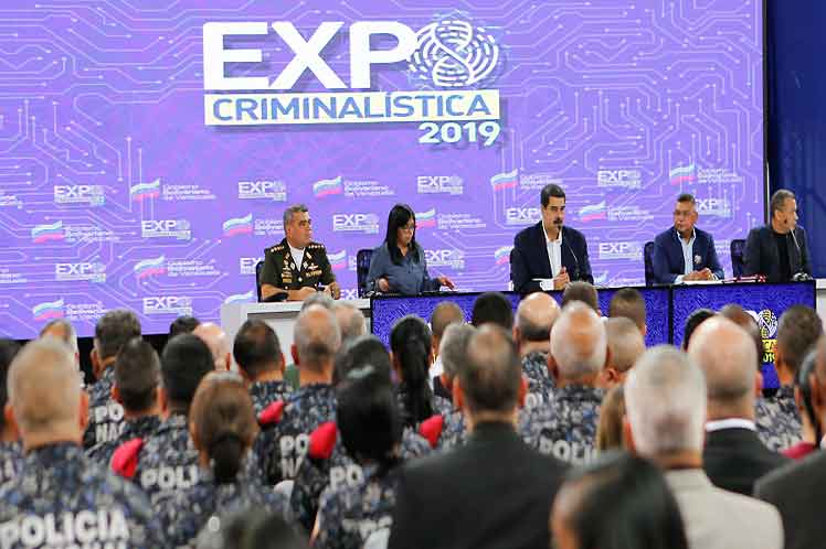 El presidente de Venezuela, Nicolás Maduro, durante la inauguración de la Expo Criminalística 2019, con sede en el Poliedro de Caracas. /Foto: Prensa Latina