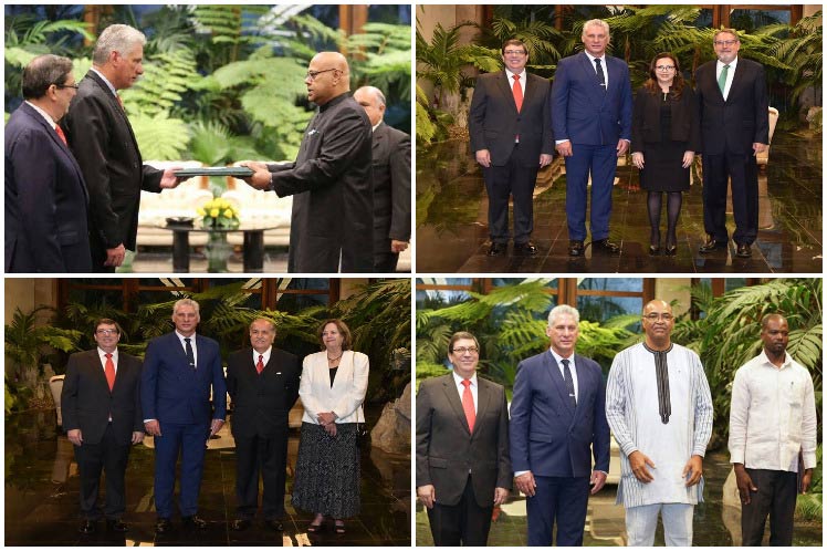 El presidente de Cuba, Miguel Díaz-Canel, acompañado por el ministro de Relaciones Exteriores, Bruno Rodríguez, recibió hoy las cartas credenciales de embajadores de varios países. /Collage: Prensa Latina