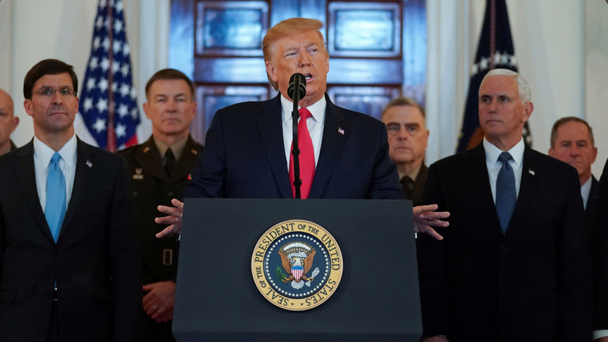 Trump durante una declaración pública tras el ataque iraní a bases iraquíes con presencia de tropas estadounidenses, 8 de enero de 2020. /Foto: Kevin Lamarque (Reuters)