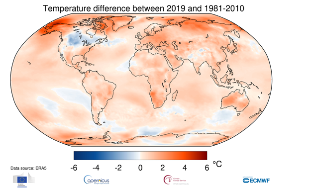 Temperatura del aire a una altura de dos metros para 2019, que se muestra en relación con su promedio de 1981-2010. /Fuente: ERA5. Crédito: Servicio de cambio climático de Copérnico (C3S) / ECMWF