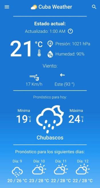 Cuba Weather permite que los usuarios puedan consultar a través de sus móviles las variables meteorológicas de cualquier municipio del país. / Foto: tomada de Apklis