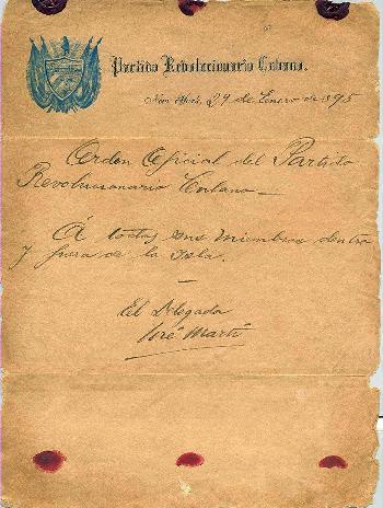Orden de Alzamiento firmada por el Delegado José Martí, en Nueva York, el 29 de enero de 1895. /Foto: vanguardia.cu
