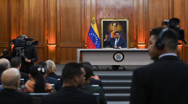 Maduro en rueda de prensa en el Palacio de Miraflores en Caracas, Venezuela, 14 de febrero de 2020. /Foto: Yuri Cortez (AFP)