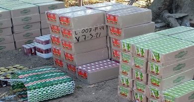En el registro efectuado en una casa almacén, domicilio de uno de los ciudadanos, encontraron 22 latas de puré de tomate, 32 cajas de jugo de manzana y 118 de pera, 26 cajas de puré de tomate, tres cajas de Tigón y 24 sueltas; cuatro sacos de nailon con puntillas, dos sacos con detergente, tres gomas de auto de uso y 23 mil 750 CUP./Foto: Ministerio del Interior