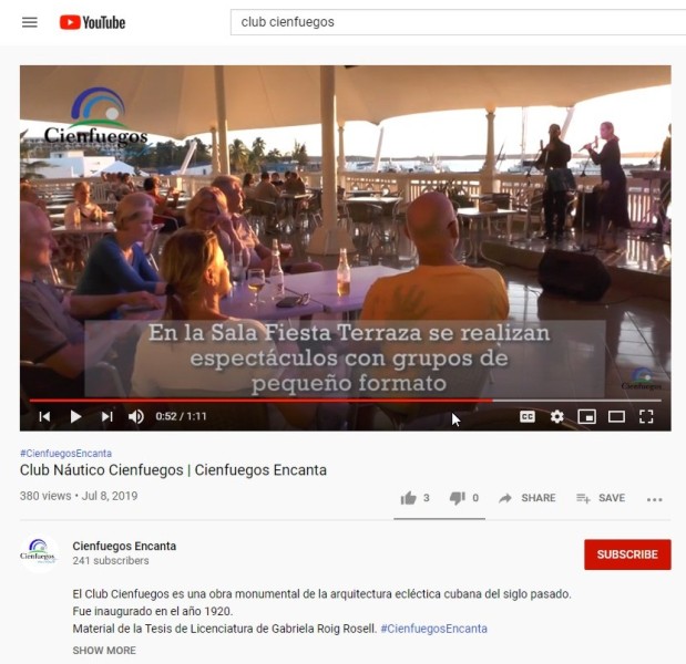 Club Cienfuegos en Youtube, una manera de mostrarse al cliente. / Print screen: Zulariam Pérez.