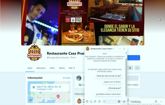 El restaurante Casa Prado, del sector no estatal, gestiona sus ventas en las redes sociales. / Print screen: Zulariam Pérez