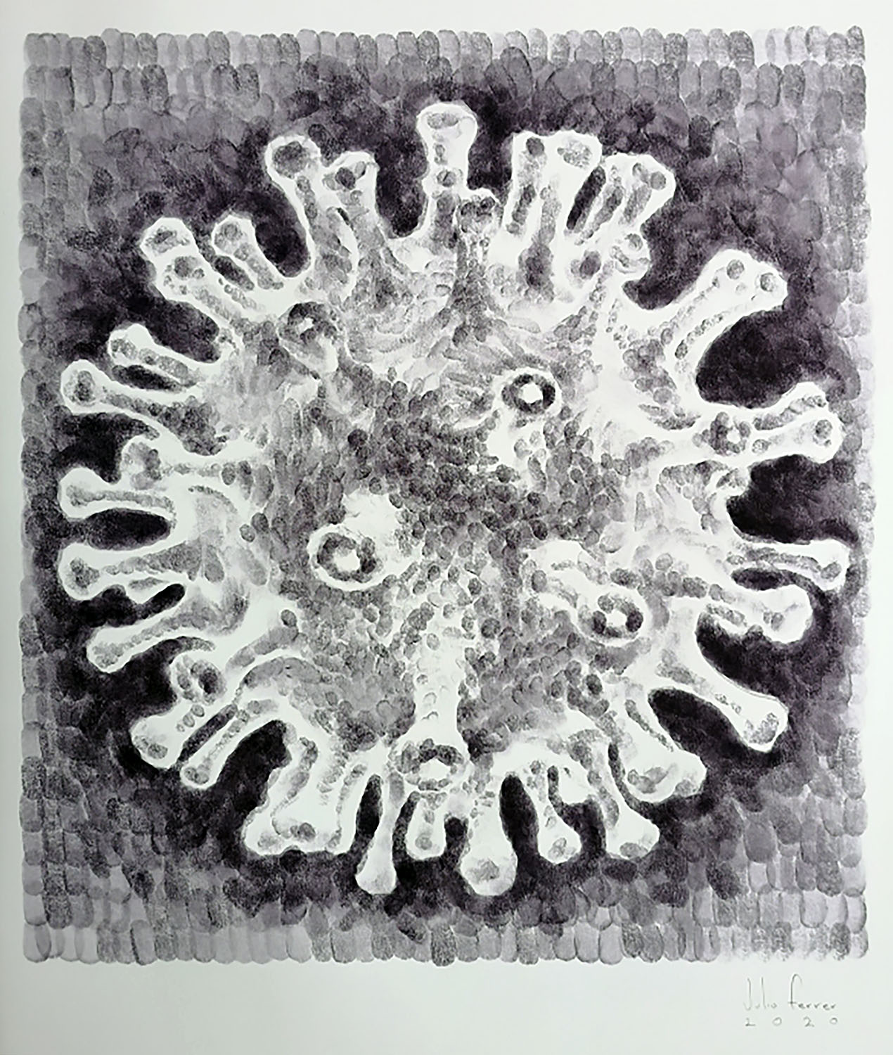 Julio Ferrer, March Outbreak 5 (Brote de marzo 5), Huellas digitales sobre cartulina, 76 x 55 cm, obra presente en la muestra.