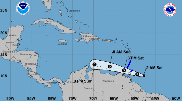 Posición de la tormenta tropical Gonzalo a las 11 de la noche de este viernes.
