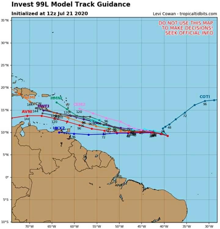 Álvaro Pérez Senra: "Los modelos de pronóstico han tomado mayor consenso en cuanto a trayectoria proyectada para La Perturbación Tropical Invest99L". 