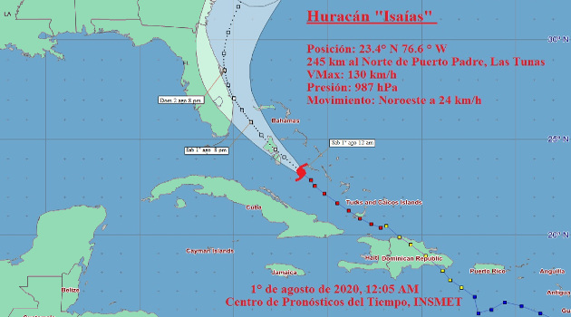 Posición del huracán Isaías en la medianoche. /Imagen insmet.cu