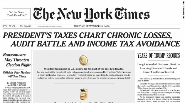 Algunos refieren que el diario The New York Times ha sacado a la luz el secreto mejor guardado de Trump: sus nada ortodoxos manejos fiscales. /Portada: nytimes.com