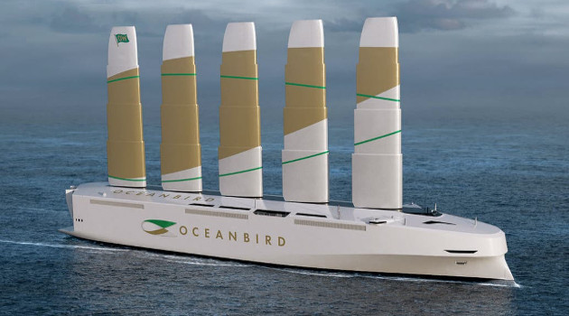 Con 200 metros de eslora y 40 metros de ancho, el diseño del velero de carga Oceanbird se destaca por su sistema de propulsión, basado en el aprovechamiento del viento para cruzar el océano Atlántico en 12 días. /Ilustración: Wallenius Marine (Reuters)