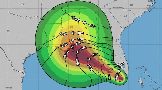 Cono pronosticado de la intensidad de los vientos de Sally. /Imagen: Centro Nacional de Huracanes