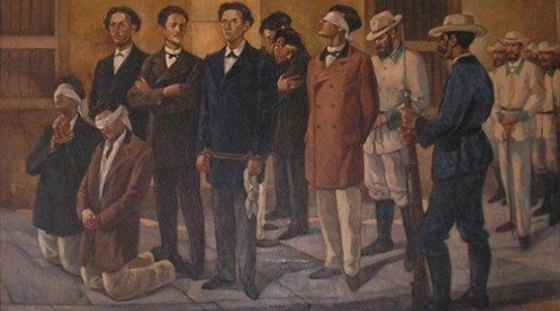 Pintura más conocida sobre los sucesos, pero es poética; a los estudiantes los fusilaron de dos en dos, de espaldas al paredón, según consigna Cubadebate.