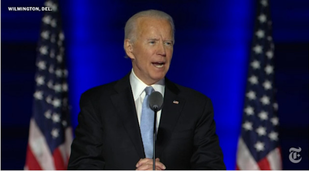 Biden se dirigió a los estadounidenses por primera vez como presidente electo la noche de este sábado. /Foto: Erin Schaff/The New York Times