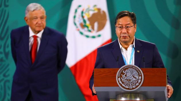 Los presidentes de México, Andrés Manuel López Obrador, y Bolivia, Luis Arce, en conferencia de prensa, Ciudad de México, 24 de marzo de 2021. /Foto: Marco Ugarte / AP