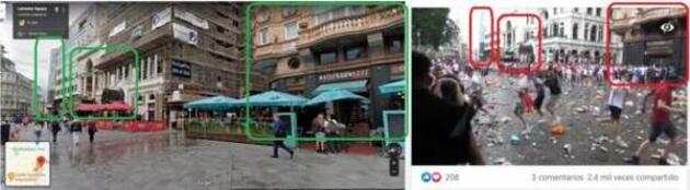 Comparación entre la imagen de Leicester Square en Street View de Google (I) y la publicación viral en Facebook, hecha el 13 de julio de 2021