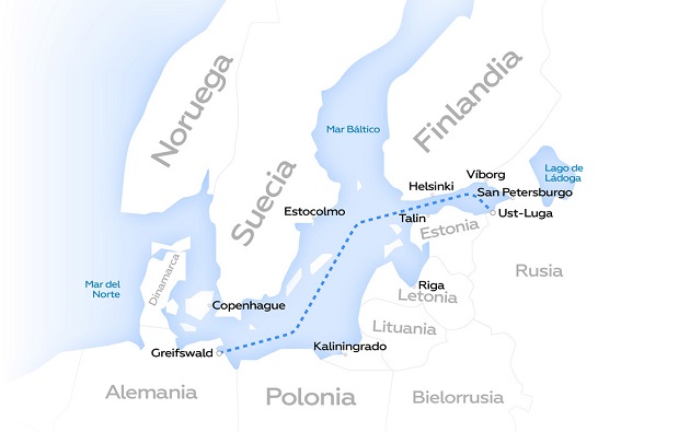 Trazado del gasoducto a través del mar Báltico.