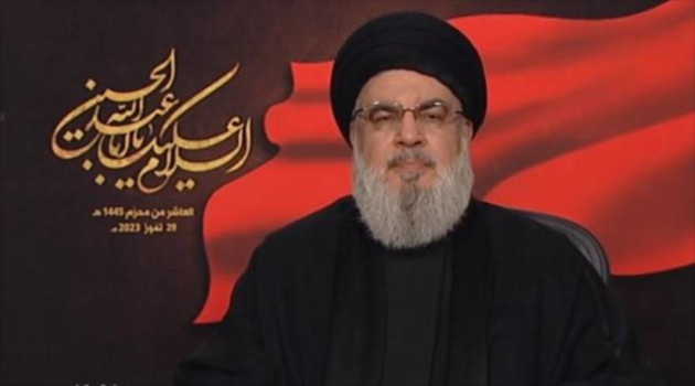 El secretario del Movimiento de Resistencia Islámica de El Líbano (Hezbolá), Seyed Hasan Nasralá, durante su discurso en día de Ashura, 29 de julio de 2023.
